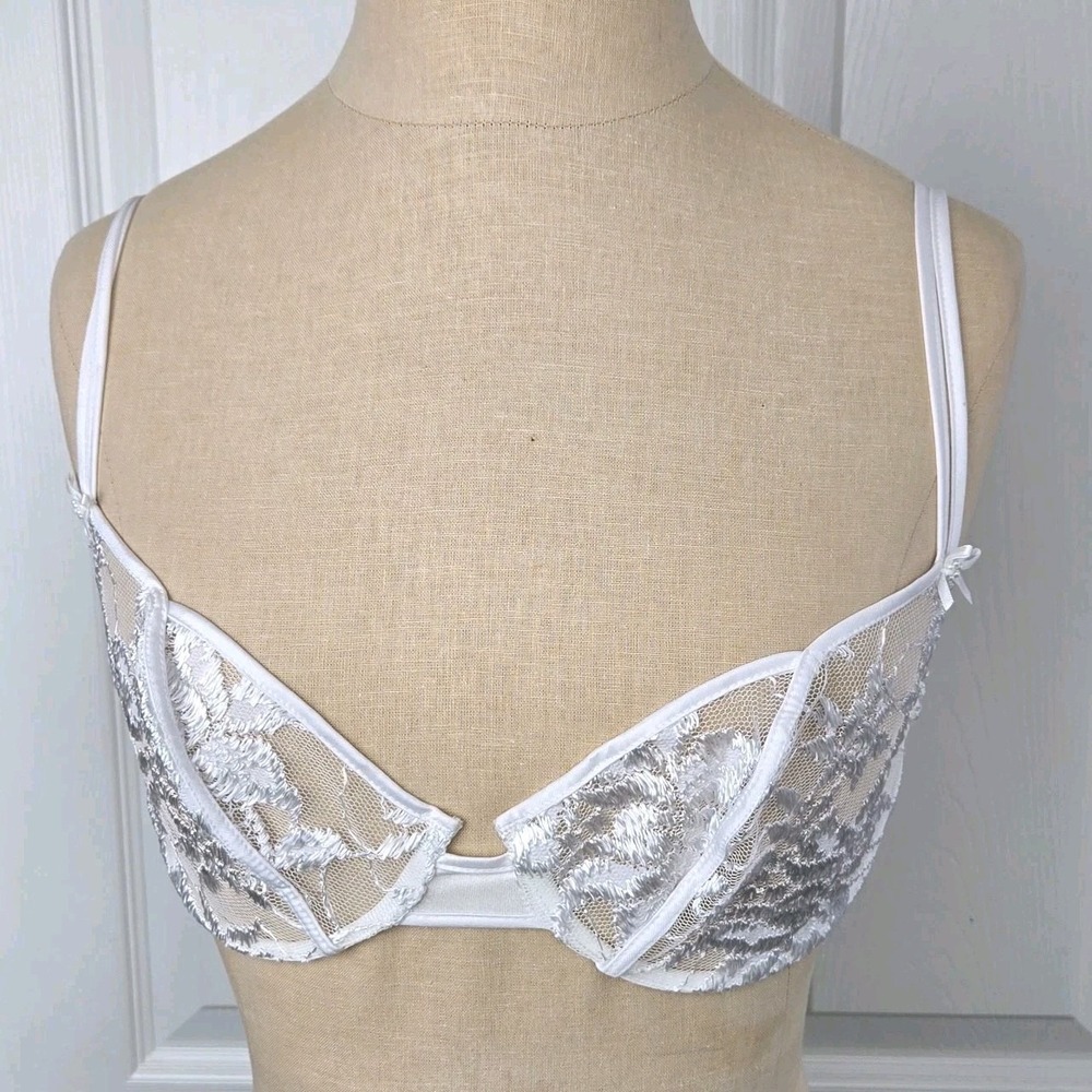 On Gossamer Underwire Bra White Lace Sheer Size 34C Lingerie Made In‎ The USA